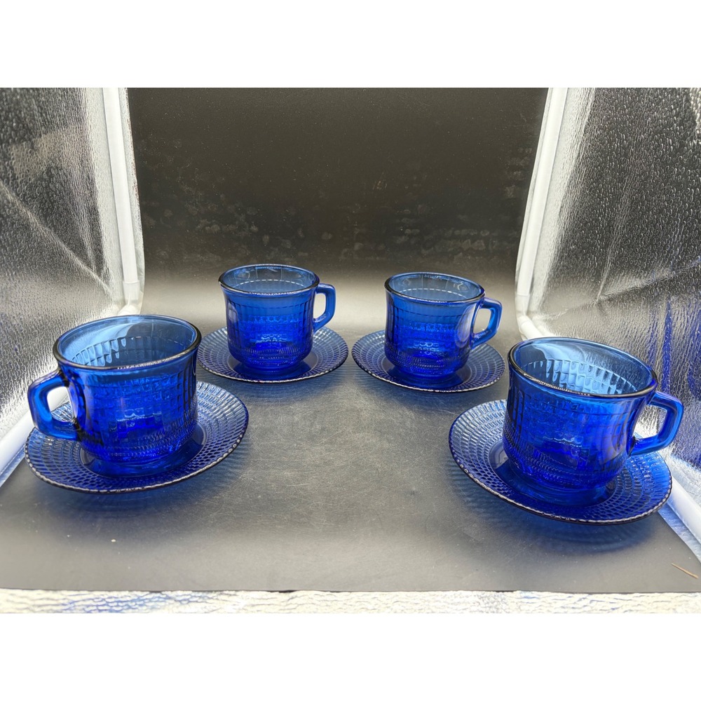 Vintage Cobalt‎ Blue Glass Tea Cup and Saucer Set of 4 Waffle Pattern Mexico